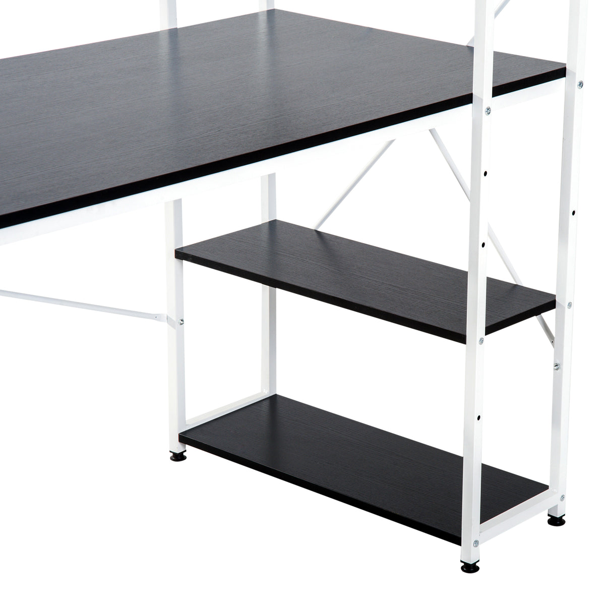 Close-up of black computer desk surface and two lower storage shelves