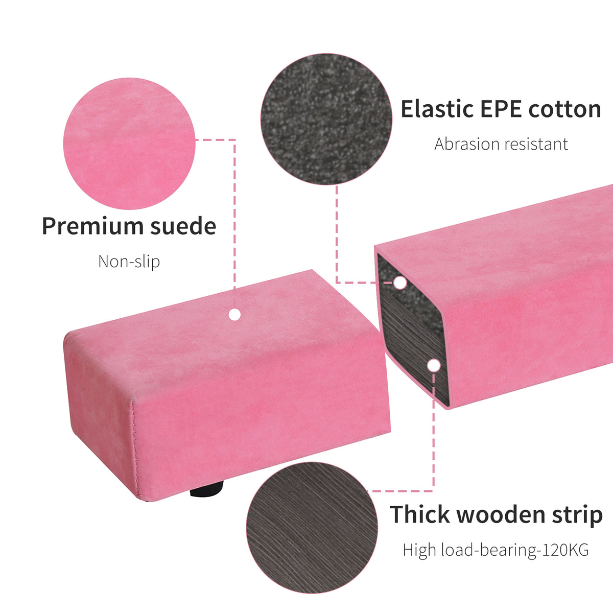 Pink folding balance beam with suede-like cover and foam and wood interior layers