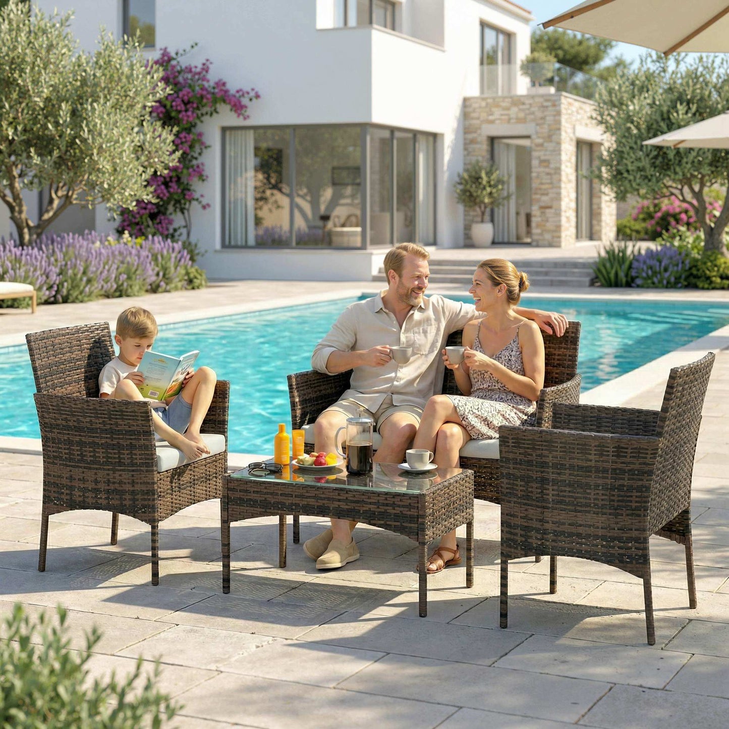Outsunny 4 Piece Rattan Garden Furniture Sofa Set with Loveseat, Armchairs, Glass-Top Coffee Table and Cushions, Brown