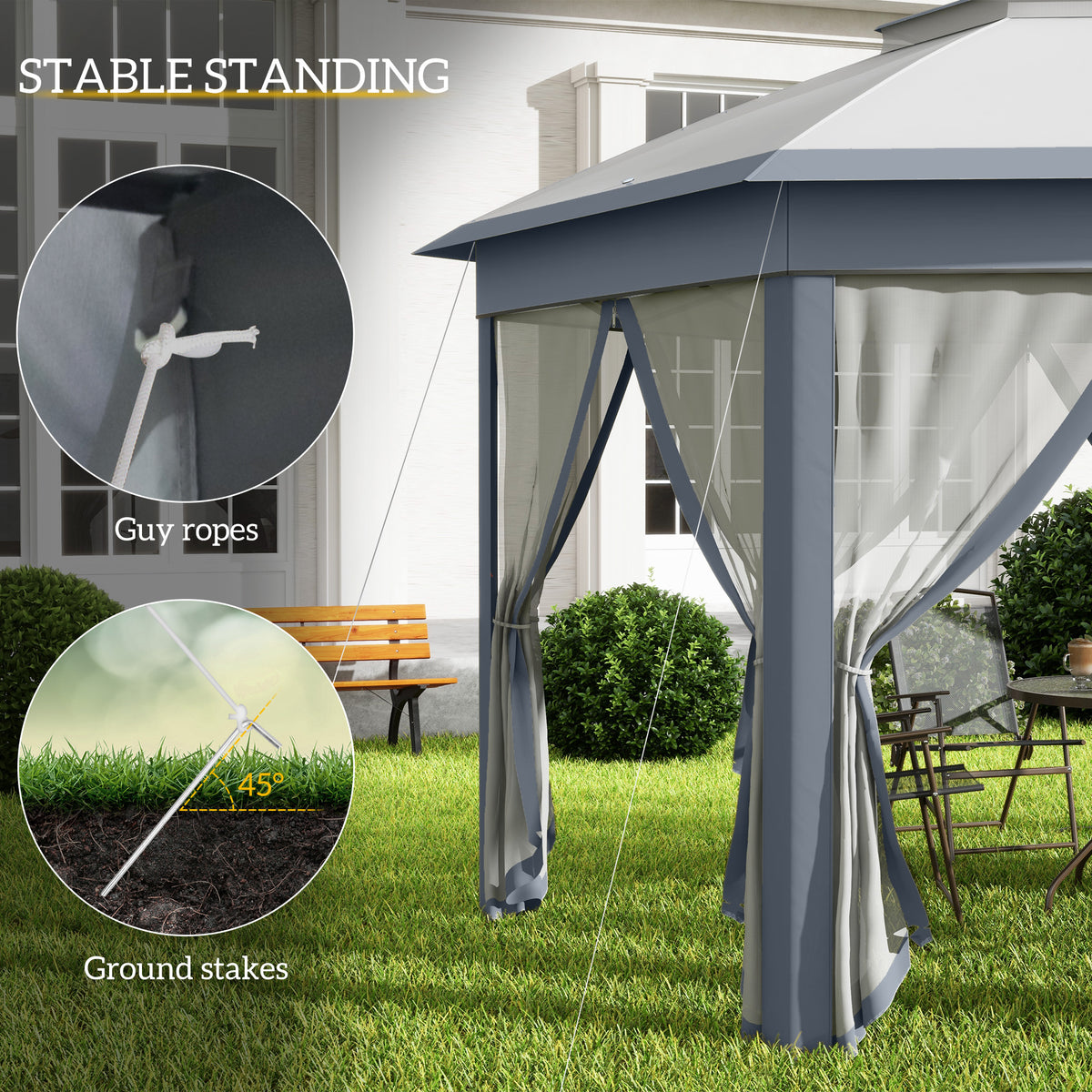 Outsunny gazebo frame secured with guy ropes and ground stakes