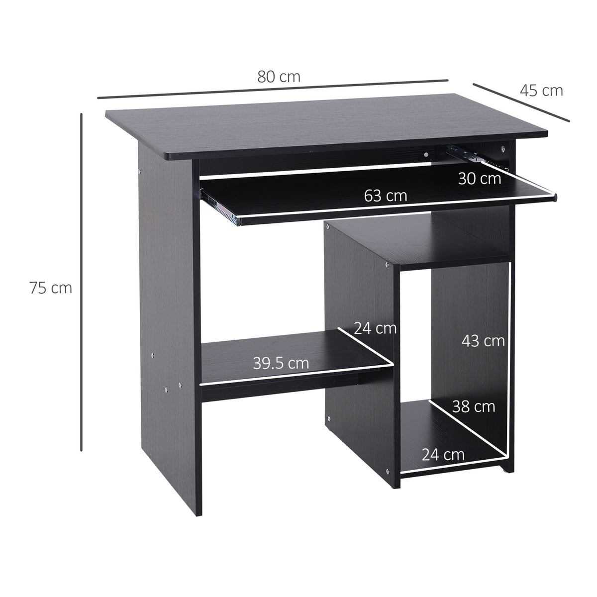 Black computer desk with keyboard tray and shelves, with dimensions labeled