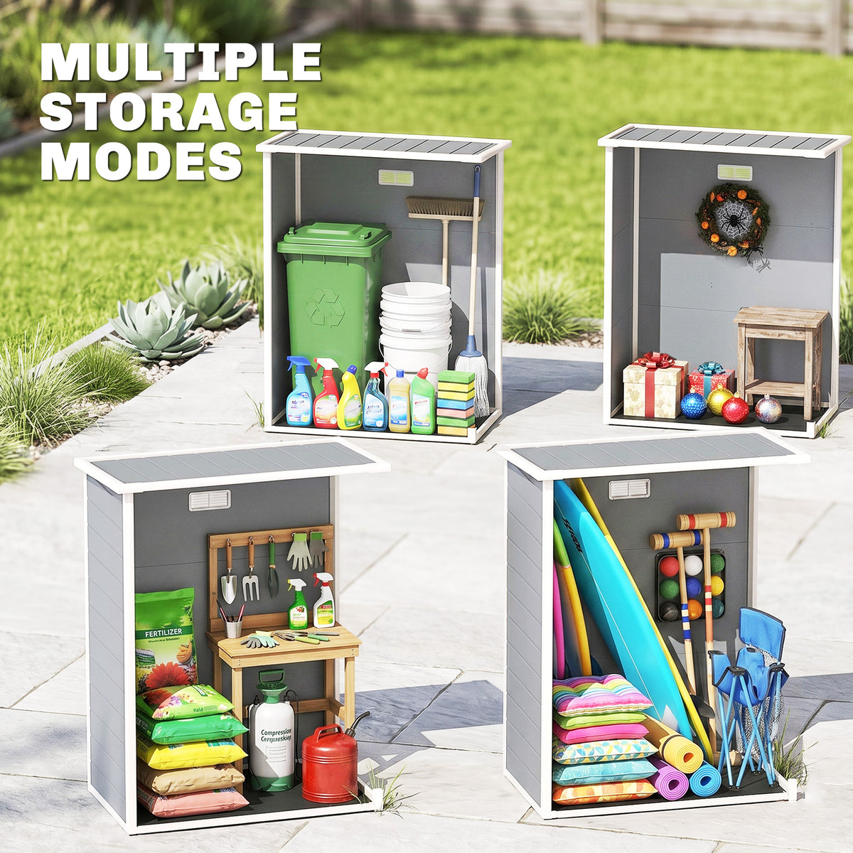 Outsunny 5' x 3' Plastic Garden Shed with Floor, Outdoor Storage Shed with Lockable Door, Window and Vent for Garden, Patio, Grey