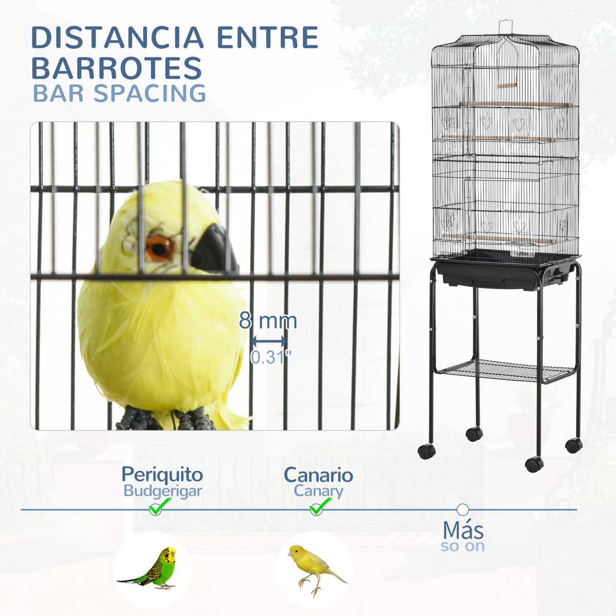 Black bird cage on a wheeled stand with 8 mm bar spacing
