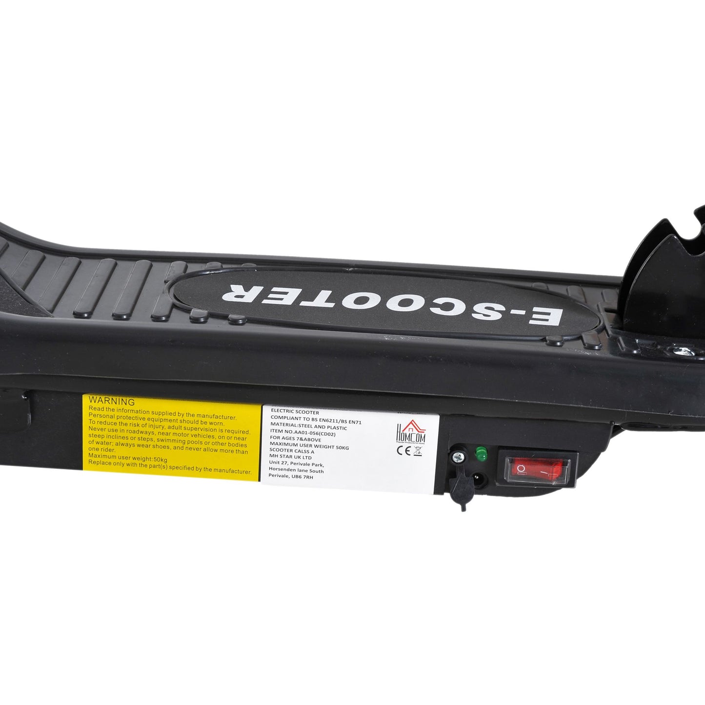 Electric scooter deck underside with safety labels, power switch, and charging port