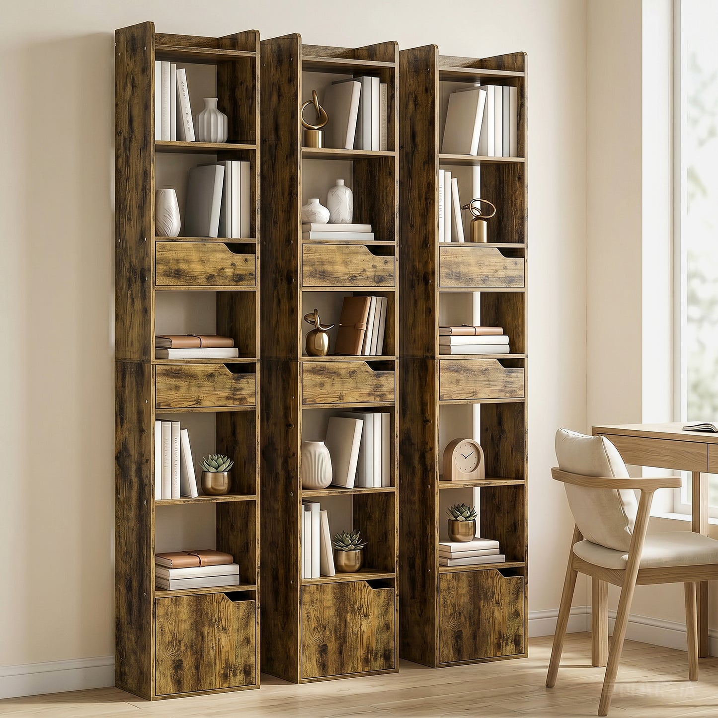 HOMCOM Bookcase Tall Narrow with 5 Tiers and Drawers Freestanding Bookshelf Storage Cabinet for Living Room Rustic Brown