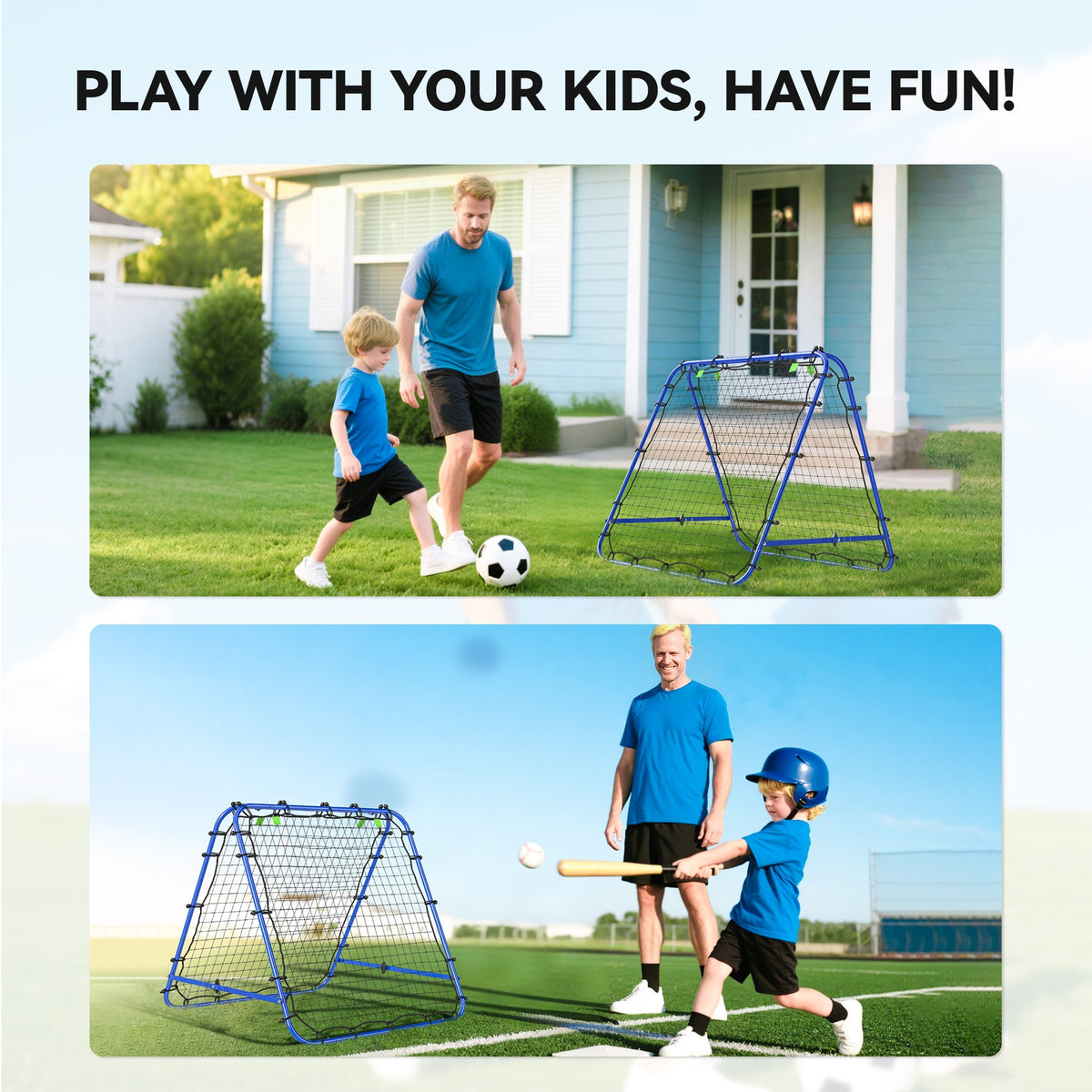 Blue double-sided football rebounder shown during soccer and ball practice