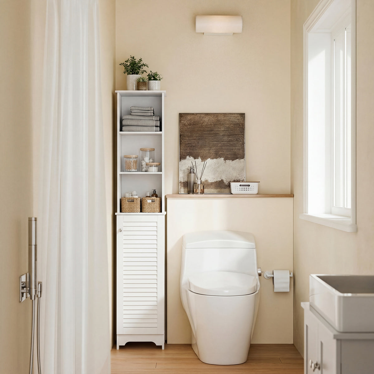 HOMCOM Tall Bathroom Cabinet, Freestanding Slim Bathroom Storage Unit with Adjustable Shelves and Shutter Door, Floor Storage Cupboard with 6 Shelves, 165H x 34W x 20D cm, White
