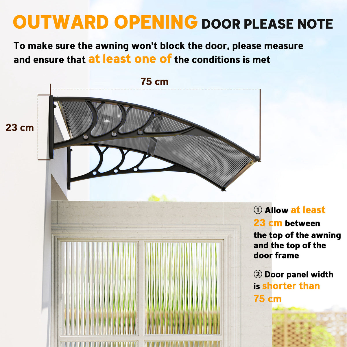 Outsunny black door canopy shown in side profile with 75 cm projection and 23 cm height