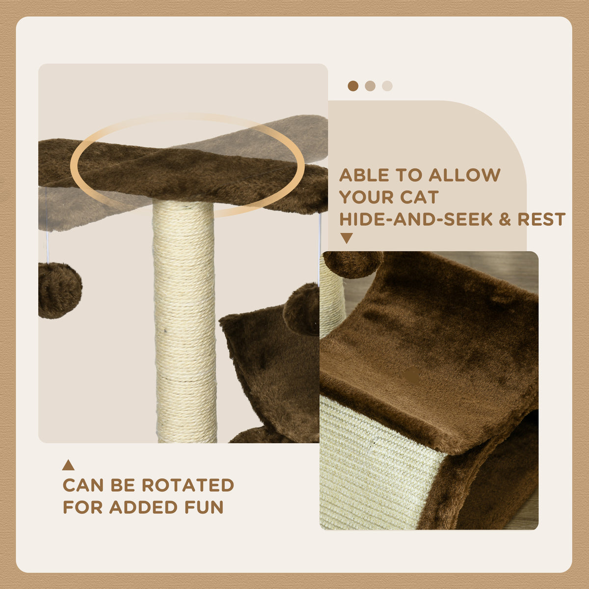 Brown cat tree showing rotatable top bar and raised plush perch above a sisal tunnel