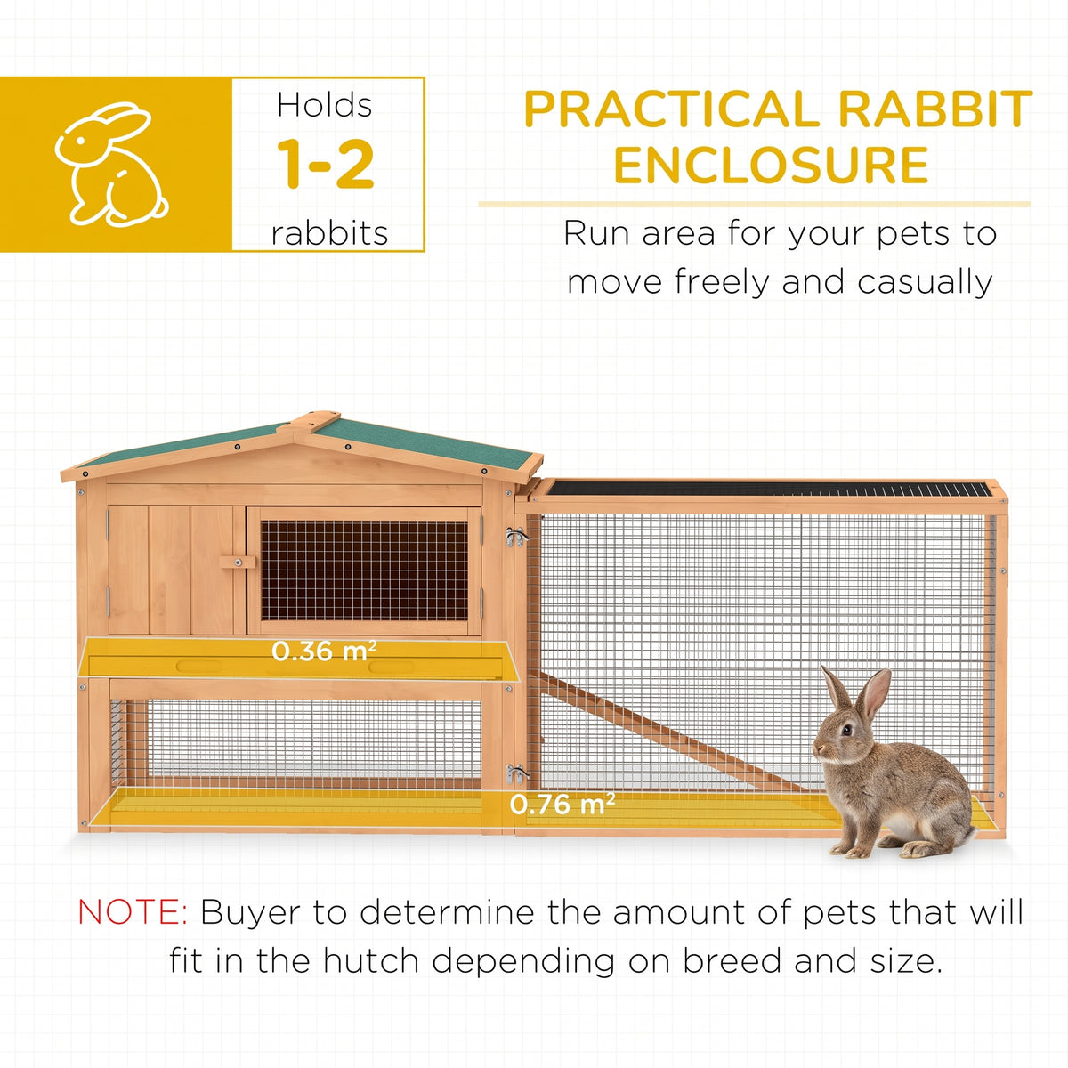 Wooden rabbit hutch and mesh run with a rabbit beside the enclosure