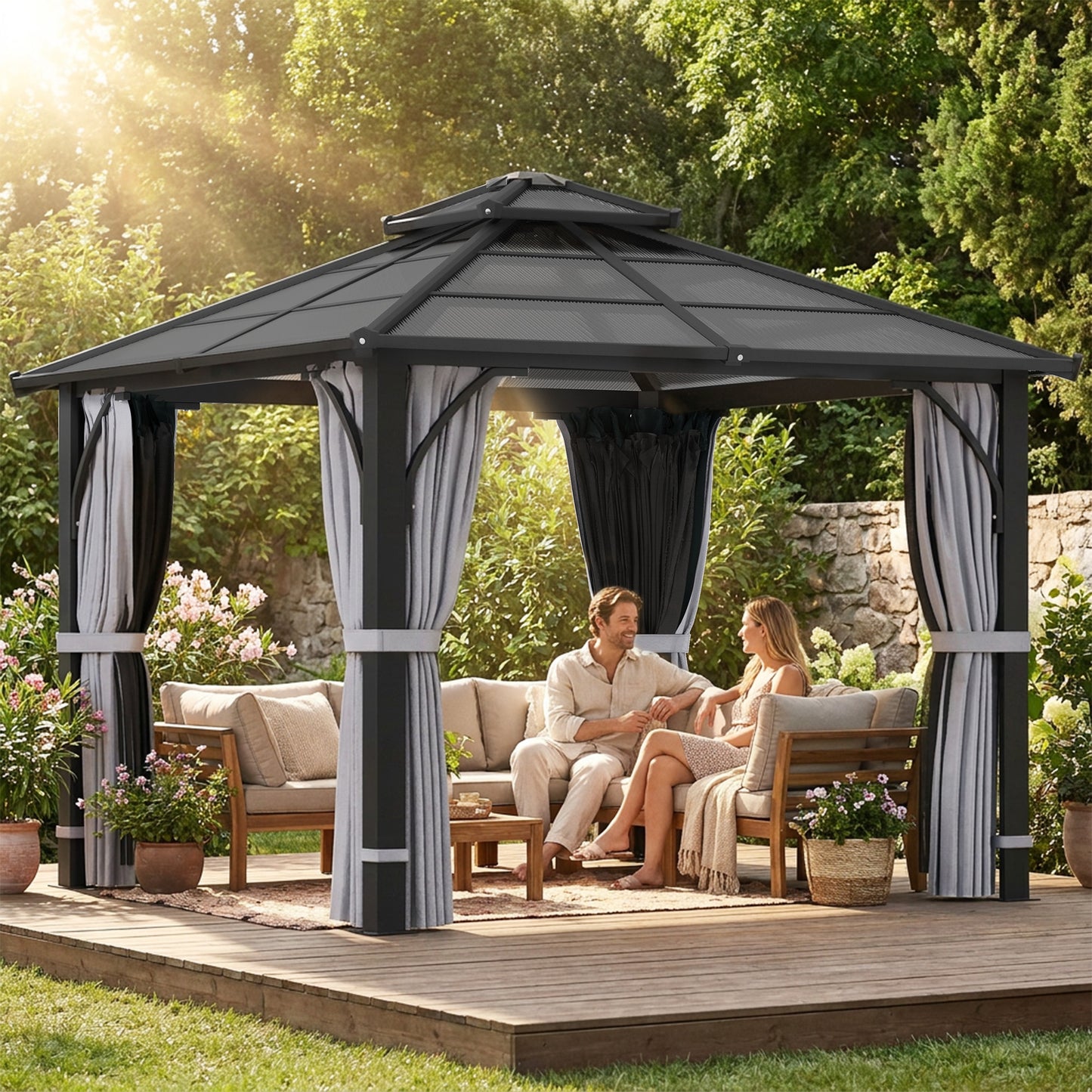 Outsunny 3 x 3(m) Hardtop Gazebo Canopy with 7mm Polycarbonate Double-Tier Roof, Garden Gazebo Permanent Pavilion with Mosquito Netting and Curtains for Patio, Terrace, Dark Grey