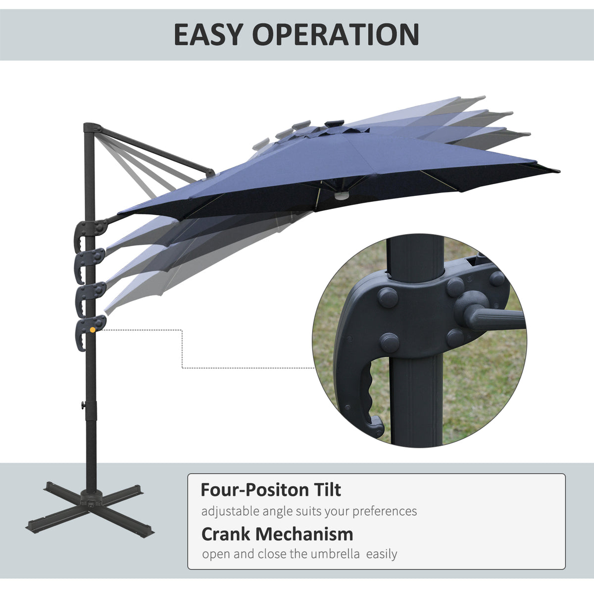 Outsunny blue cantilever umbrella showing its adjustable tilt and crank mechanism