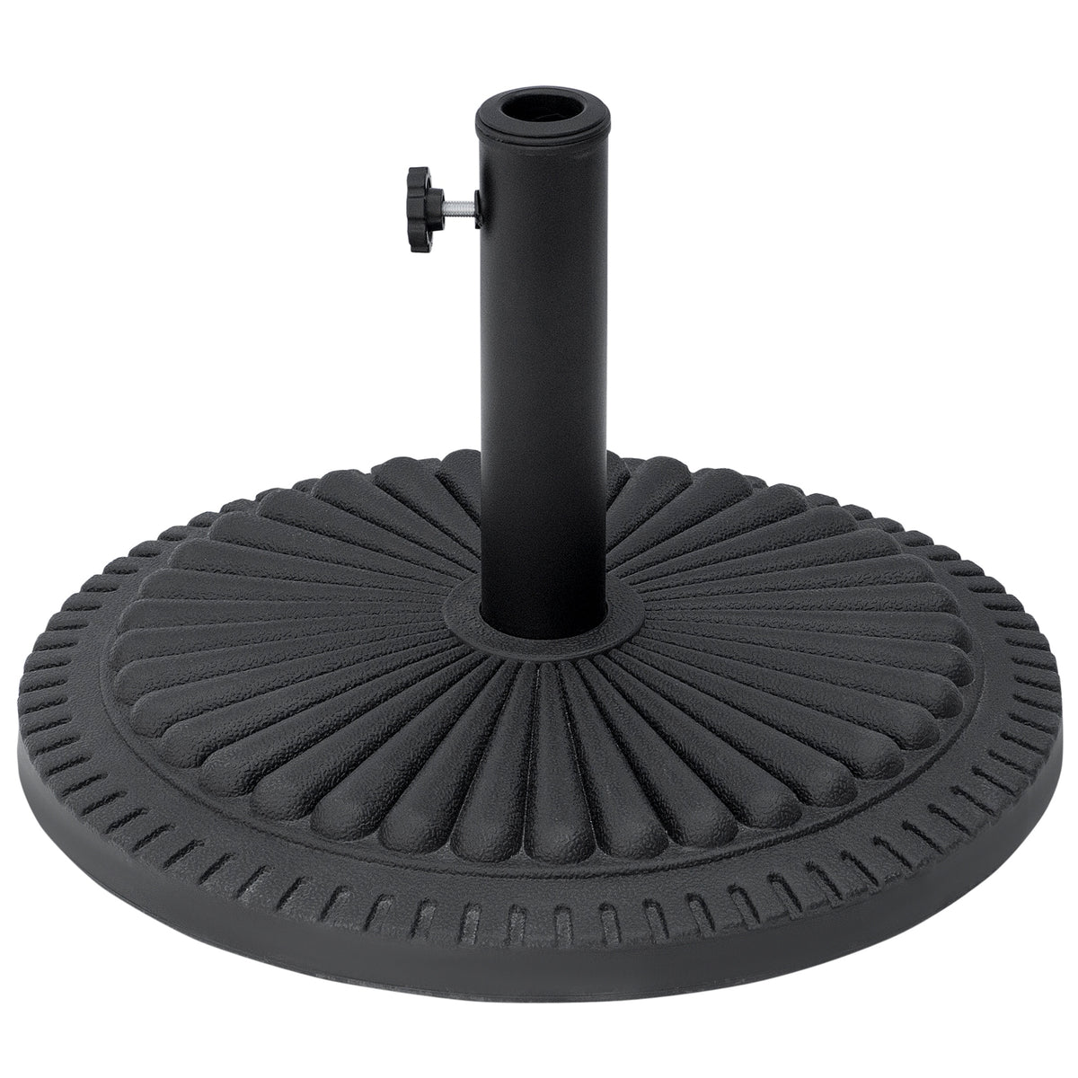 Black round parasol base with decorative radial ribs and tightening knob