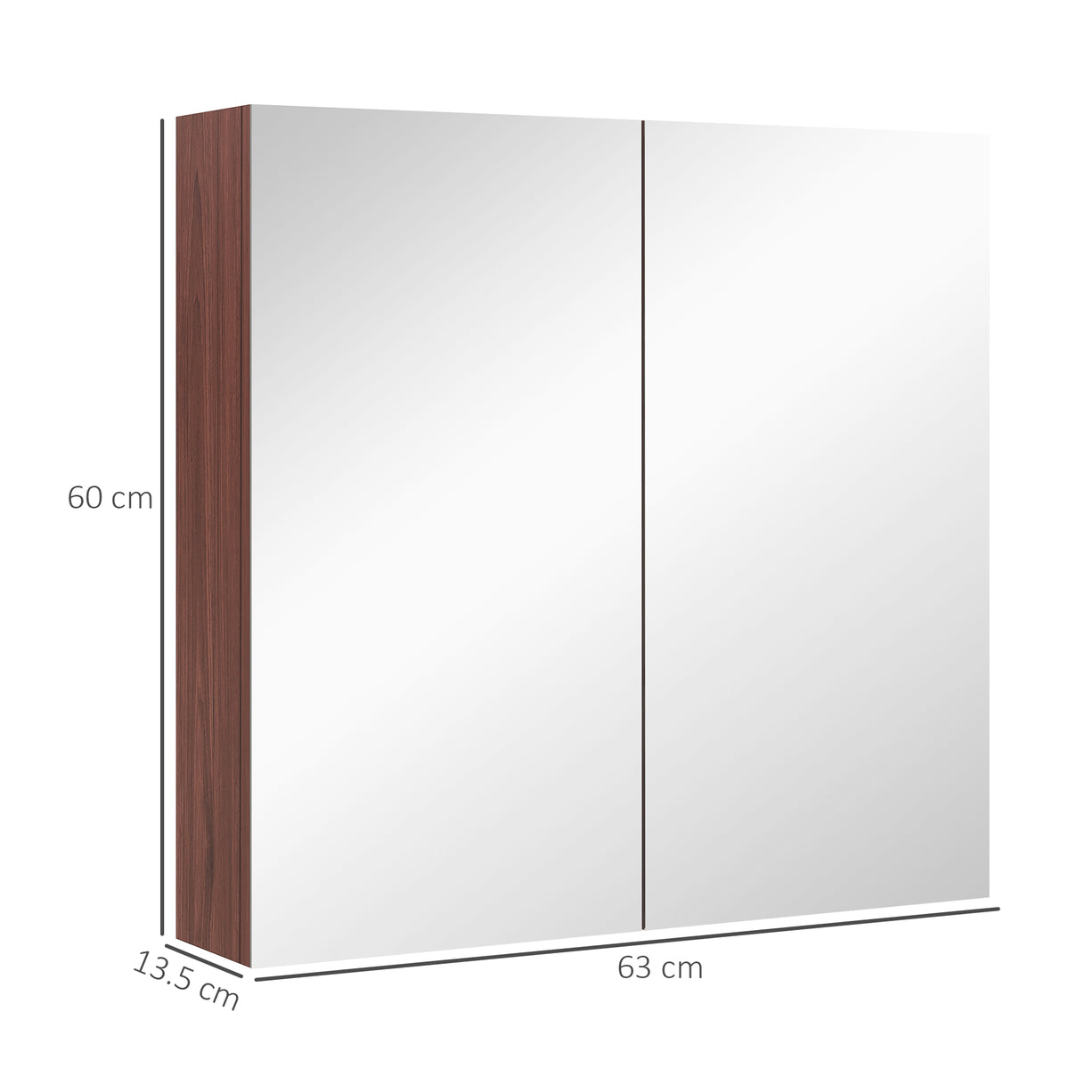 Wall-mounted double-door mirror cabinet in dark wood, shown with dimensions of 63 by 60 cm.