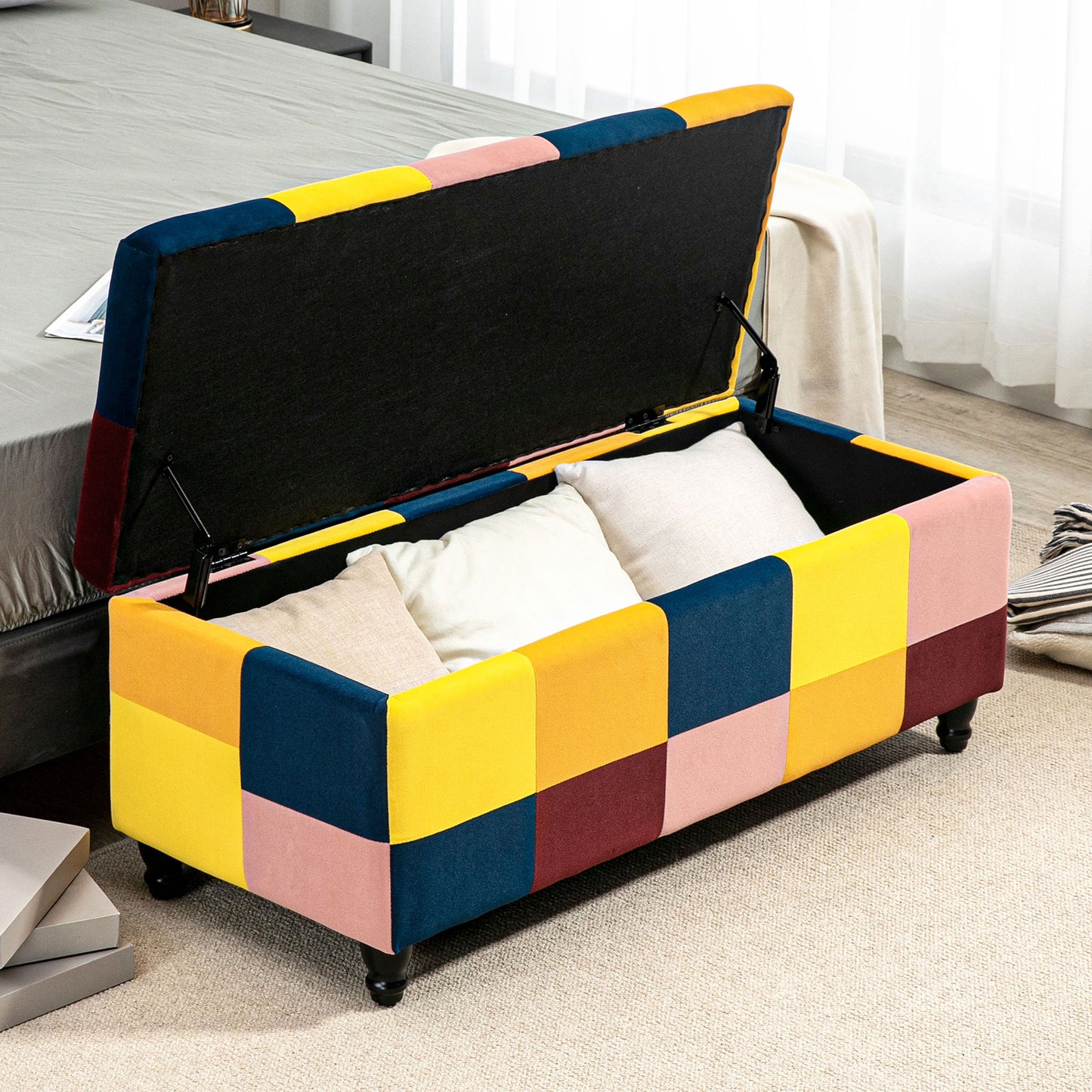 HOMCOM Storage Ottoman, Storage Bench with Wood Legs, Footstool, Footrest with Velvet Surface for Bedroom, Hallway, Living Room, 114 x 47 x 47 cm, Multicoloured