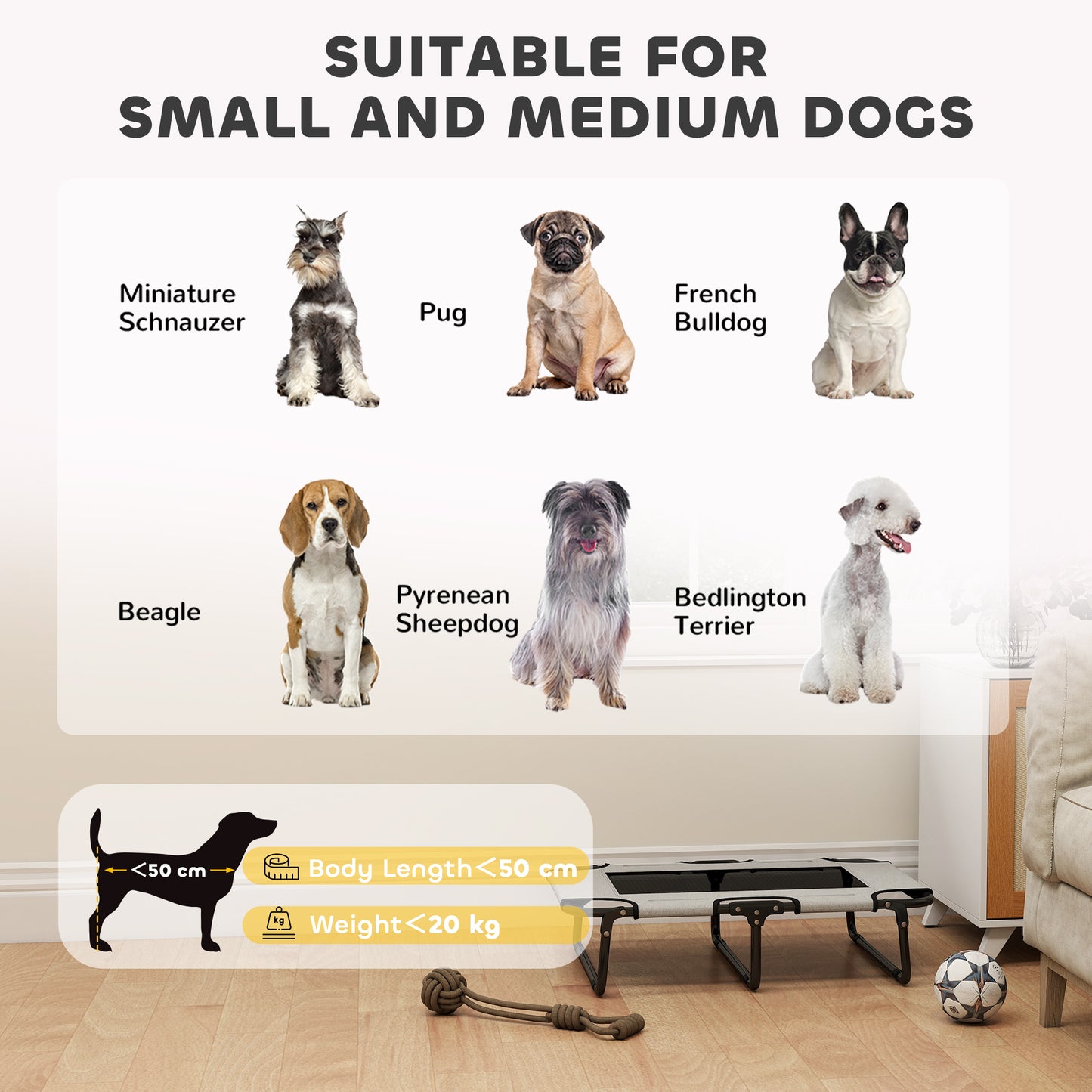 PawHut Portable Raised Dog Bed, Elevated Pet Cot with Breathable Mesh for Indoor Outdoor, for Small Medium Dogs, Light Grey