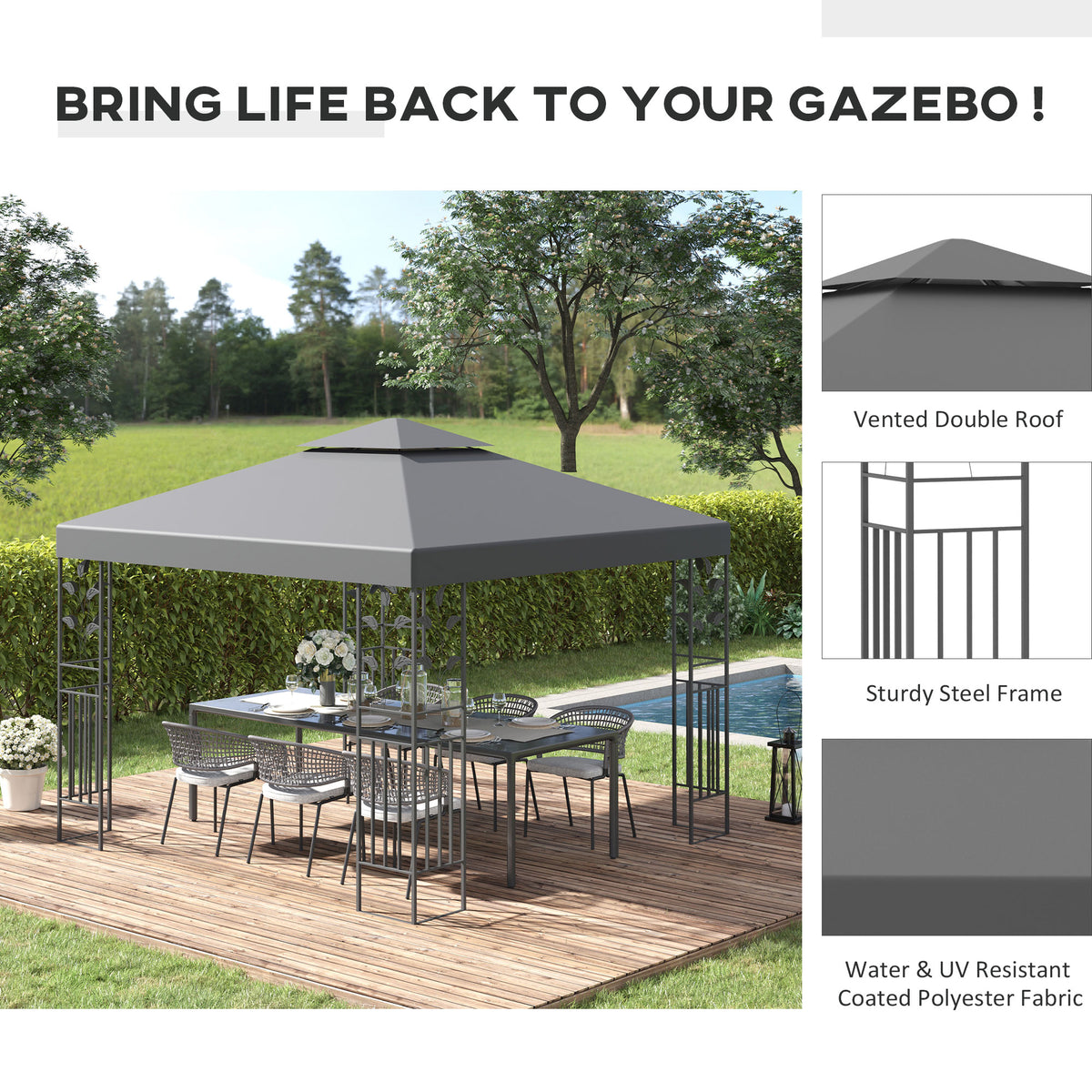 Grey two-tier steel gazebo shown assembled over a patio dining set