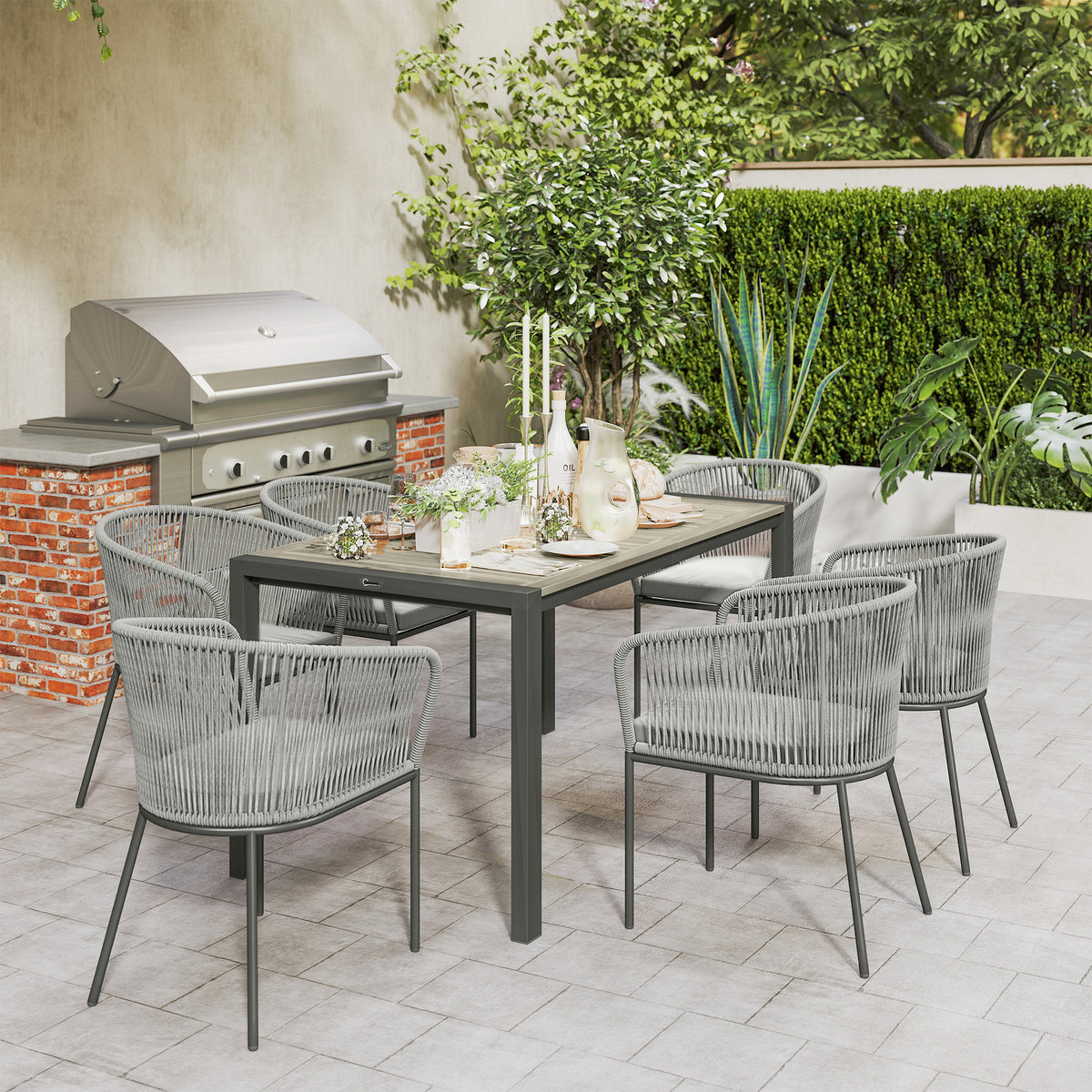 Outsunny Rattan Dining Set, 6 Seater Rattan Garden Furniture Set with Acacia Wood Top Rectangle Table, 6 Chairs, Washable Seat Cushions, for Outdoor, Patio, Conservatory, Grey
