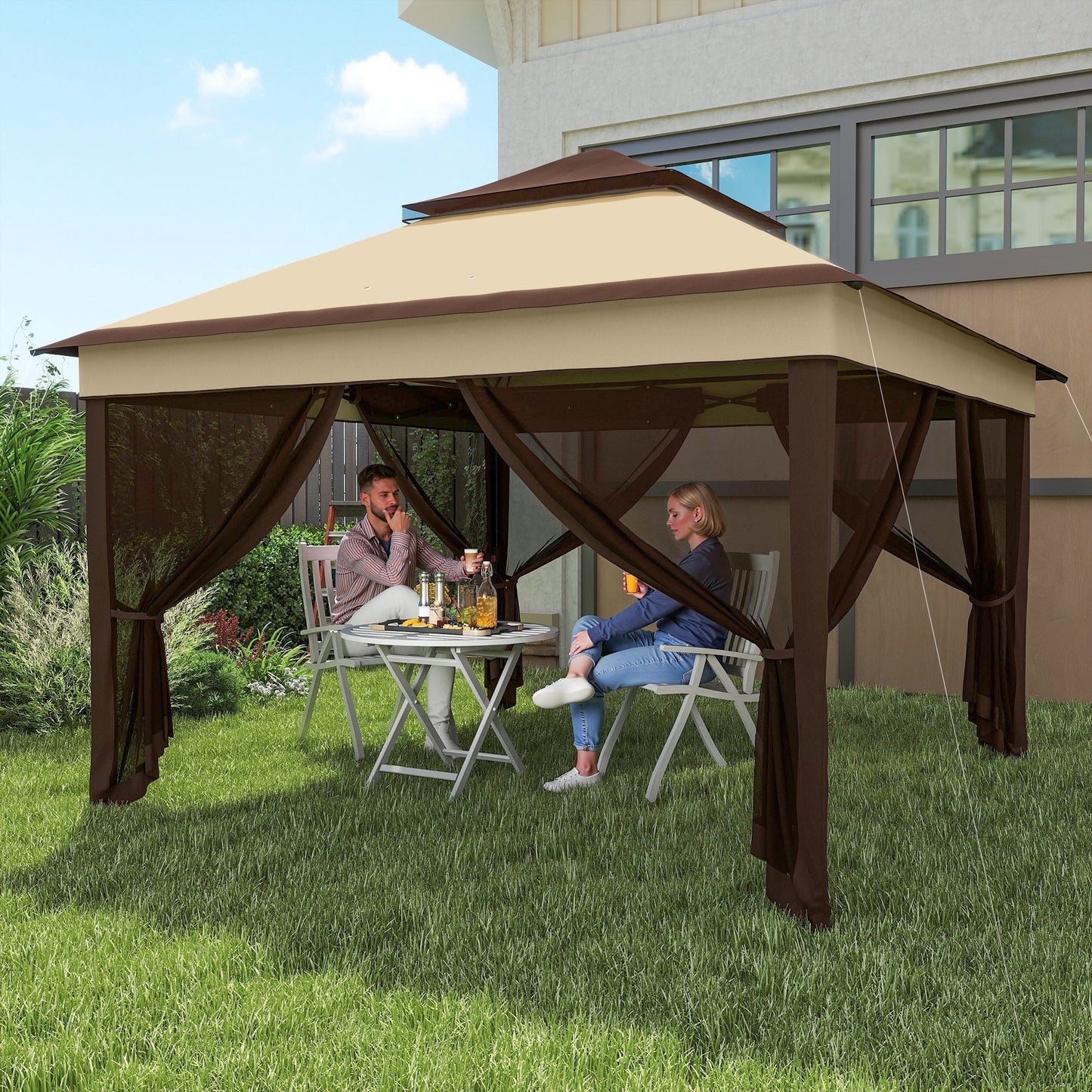 Outsunny 3 x 3(m) Pop Up Gazebo, Height Adjustable Instant Event Shelter with Netting and Carrying Bag, Beige