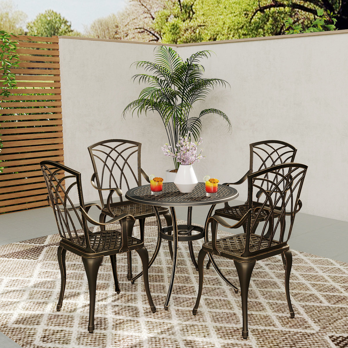 Outsunny 5 Pieces Garden Dining Set for 4, Cast Aluminium Outdoor Dining Set with 4 Armchairs and Round Dining Table with Parasol Hole, Garden Furniture Bistro Set, Bronze Tone