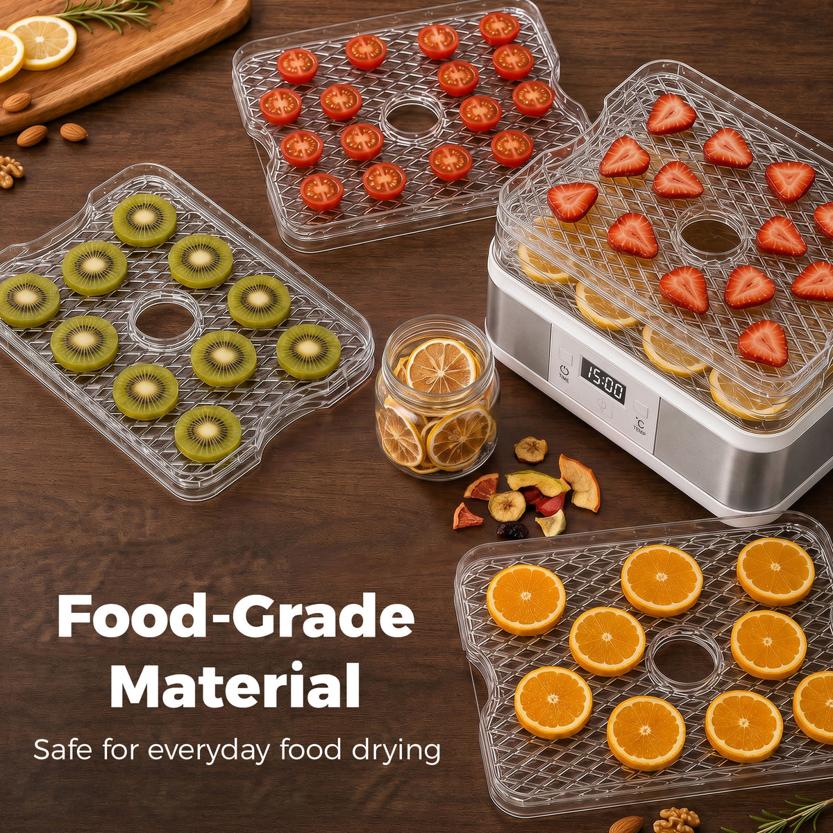 HOMCOM food dehydrator with clear trays holding sliced kiwi, tomato, strawberry and orange
