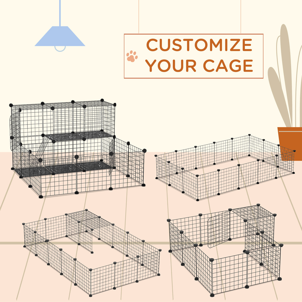 Black modular wire pet playpen shown in four customizable layouts, including a two-level enclosure.