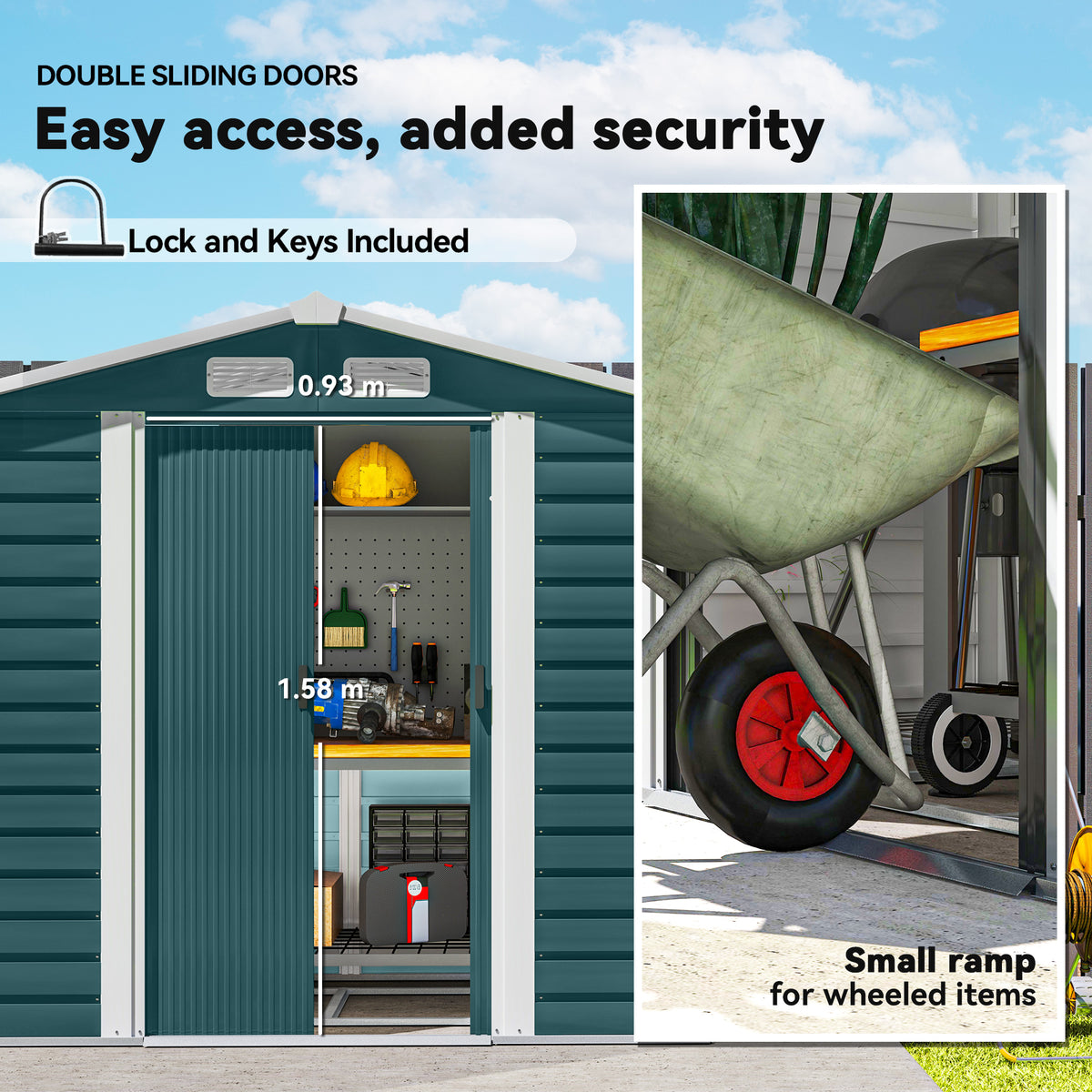 Green metal garden shed with sliding double doors, lock, and included keys