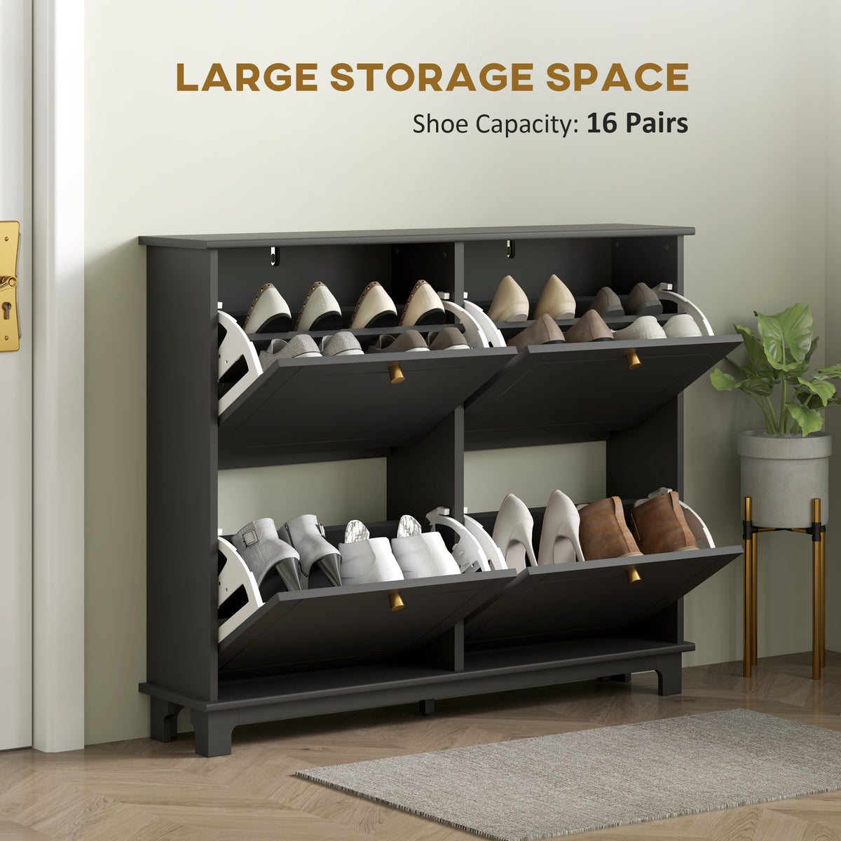 Black four-drawer shoe cabinet storing up to 16 pairs of shoes.