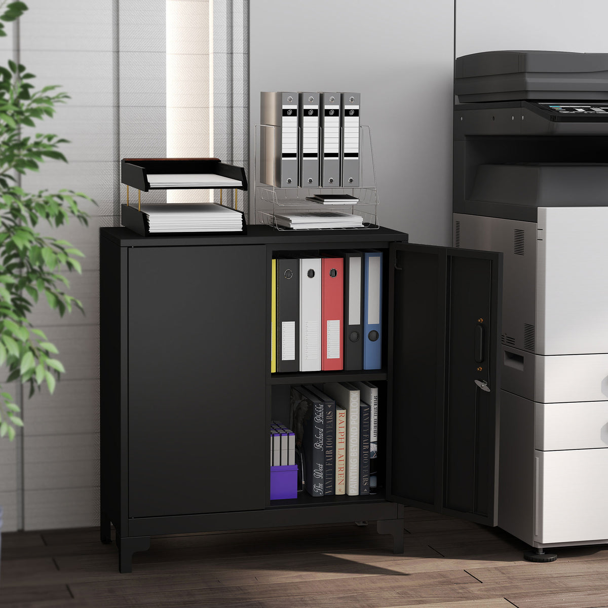 HOMCOM Lockable Metal Filing Cabinet, 2-Tier Storage Cupboard with Double Doors, Modern Office Organiser, Black