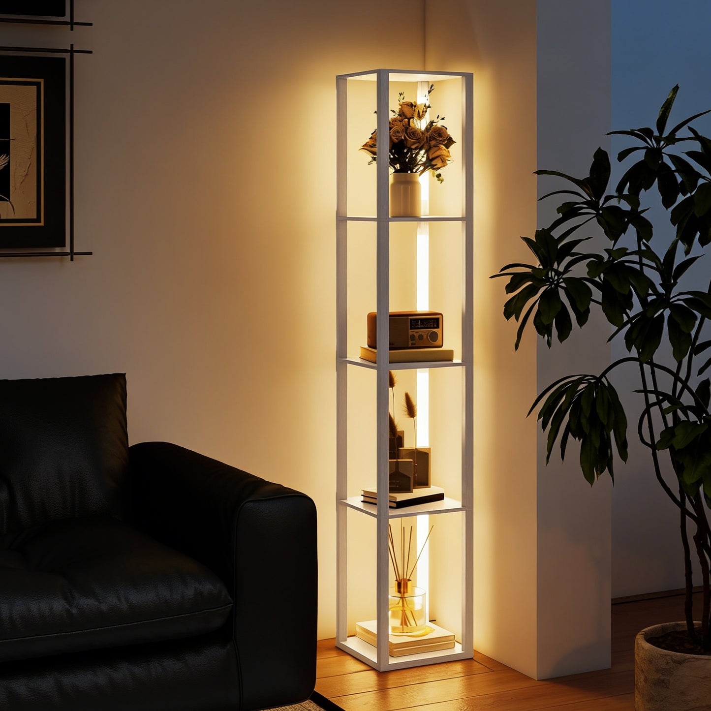 HOMCOM Floor Lamp with Shelves and 3 Brightness Levels - White