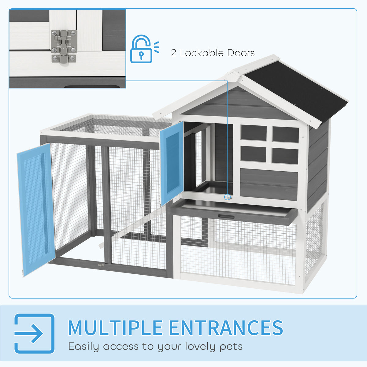 Rabbit hutch with two open access doors, wire-mesh run and raised shelter