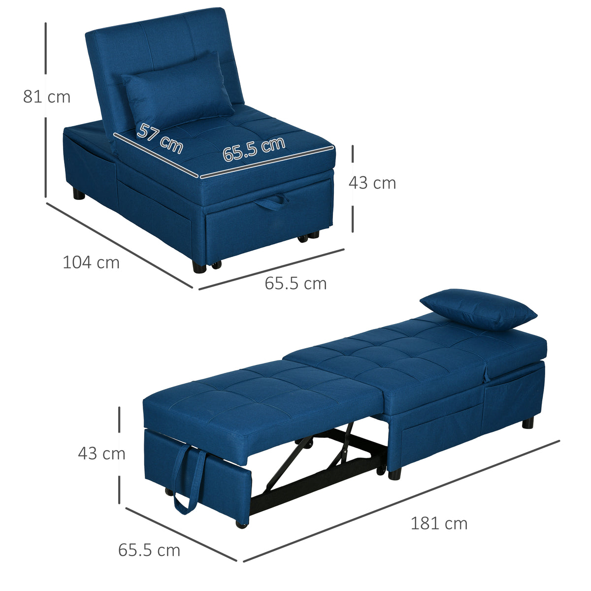 Blue convertible chair bed shown folded and extended, with a padded seat and backrest.