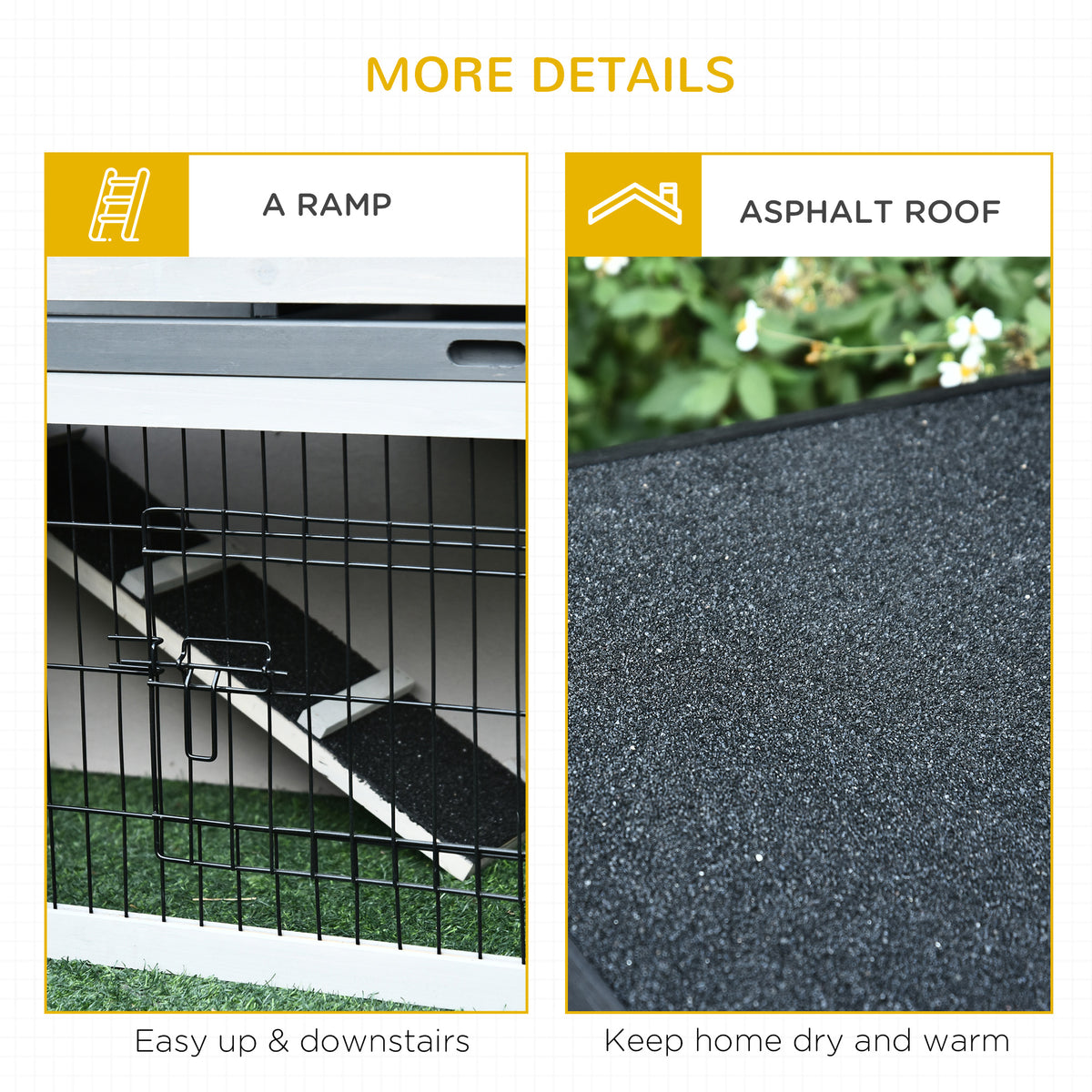 PawHut rabbit hutch details showing ramp and textured asphalt roof