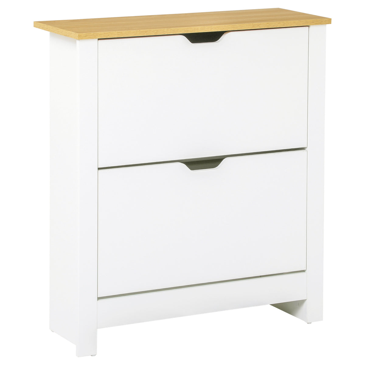 White shoe cabinet with two closed flip drawers and a natural wood-look top
