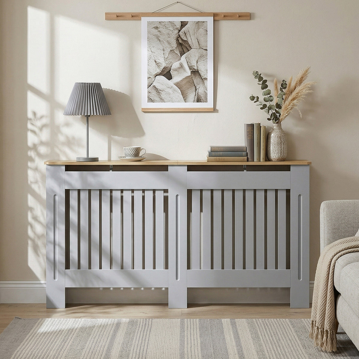 HOMCOM Slatted Radiator Cover, Painted Cabinet with Line Grill Design, 152L × 19W × 81H cm, Grey