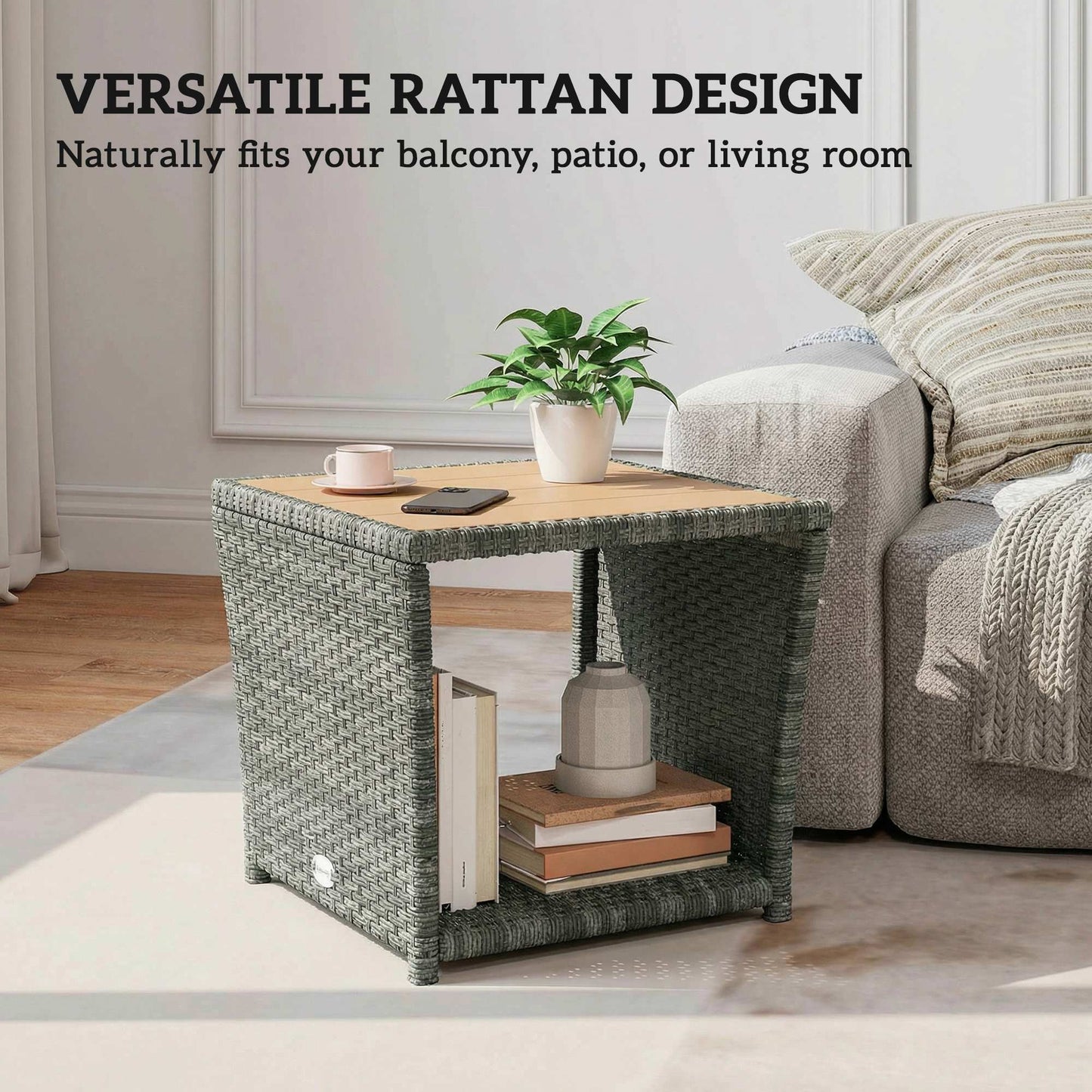 Outsunny Side Table 2-Tier Outdoor Coffee Table with Storage Shelf PS Wood Slat Top/Light Grey