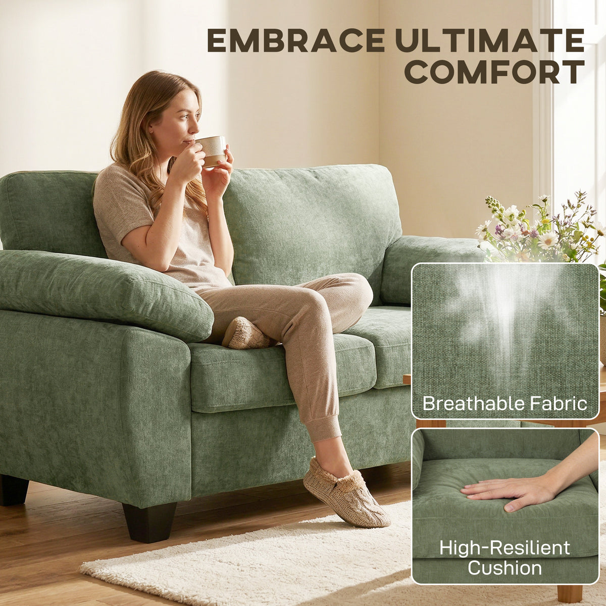 HOMCOM 2 Seater Sofa, 156cm Chenille Loveseat Sofa, Dark Green