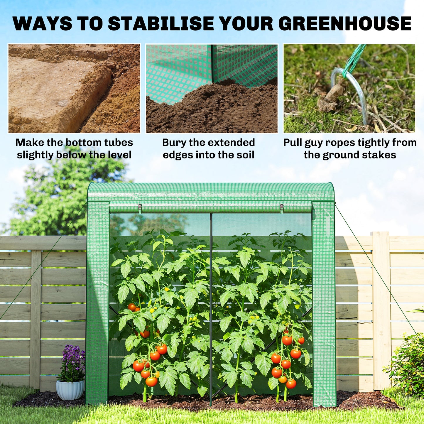 Outsunny Mini Greenhouse, Garden Tomato Growhouse with Roll-Up Door and 2 Mesh Windows, PE Cover, 200 x 75 x 188 cm, Green