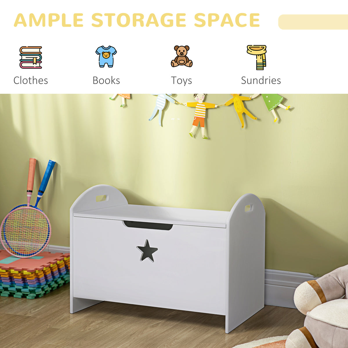 White toy storage chest with a hinged lid and star cutout