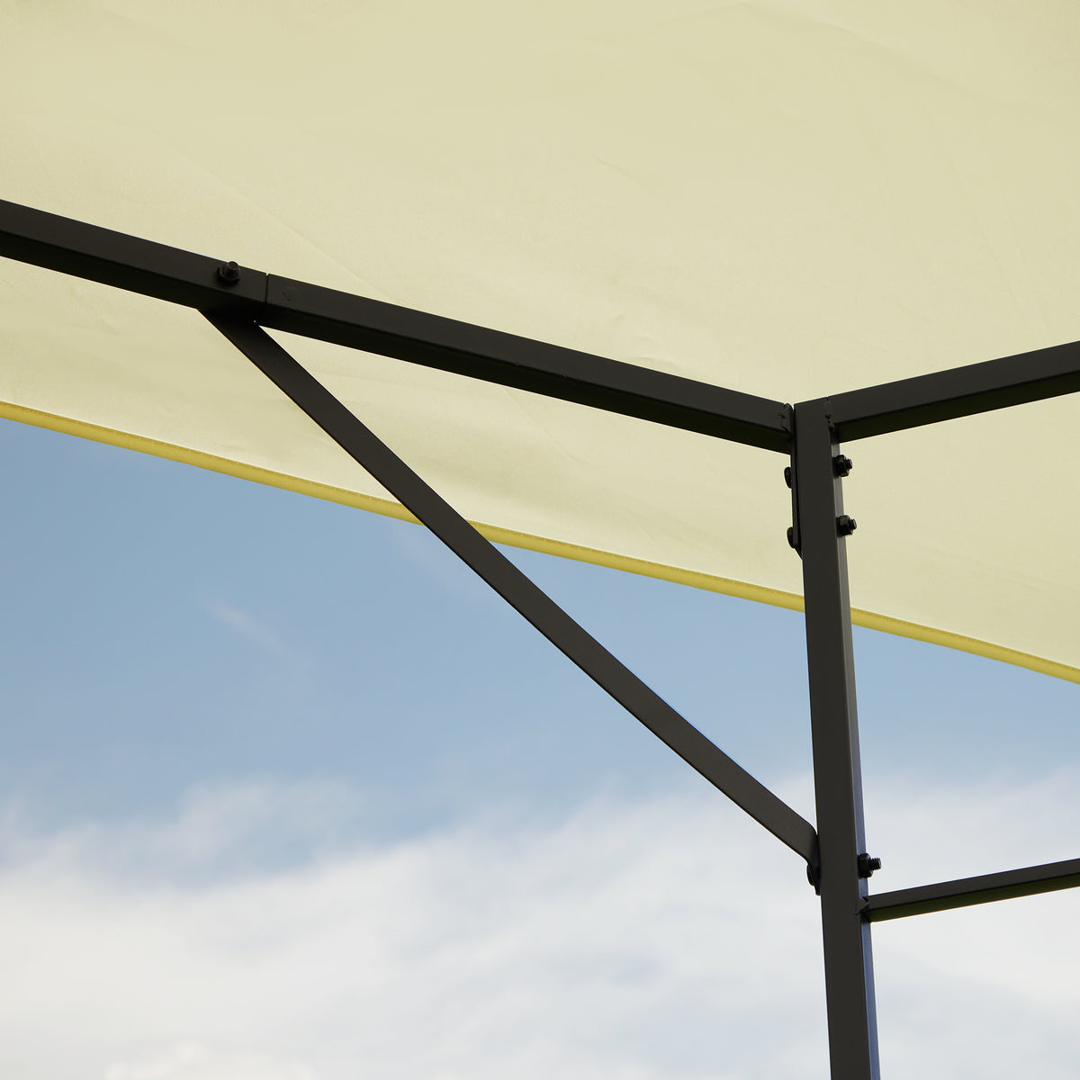 Outsunny gazebo canopy supported by a black metal post and diagonal brace