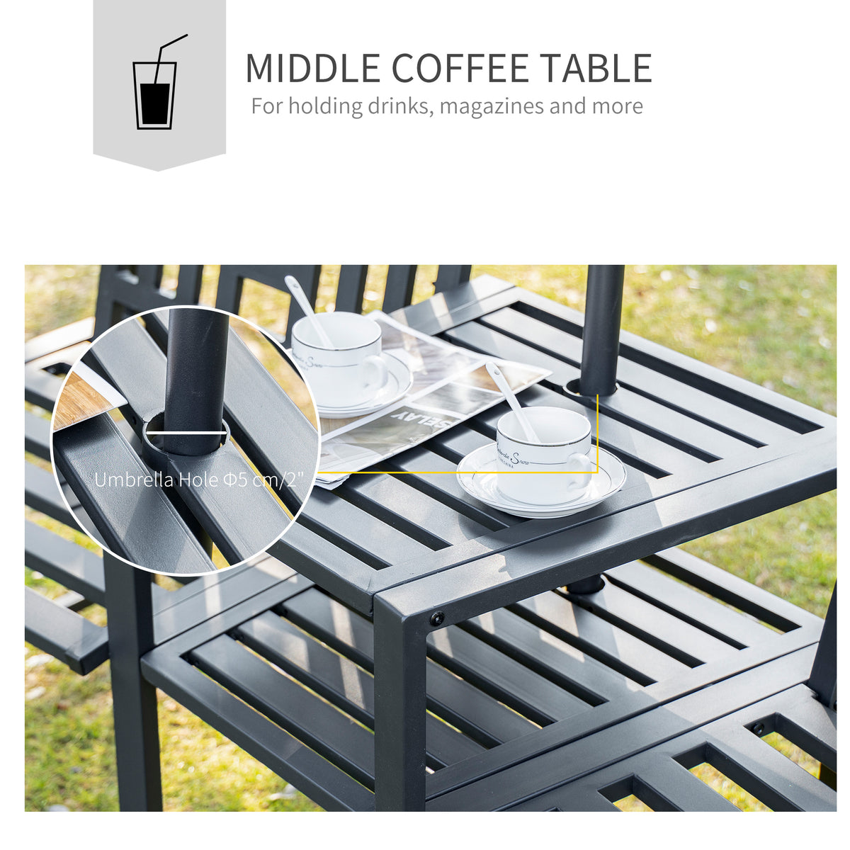 Slatted center coffee table with umbrella hole and lower shelf