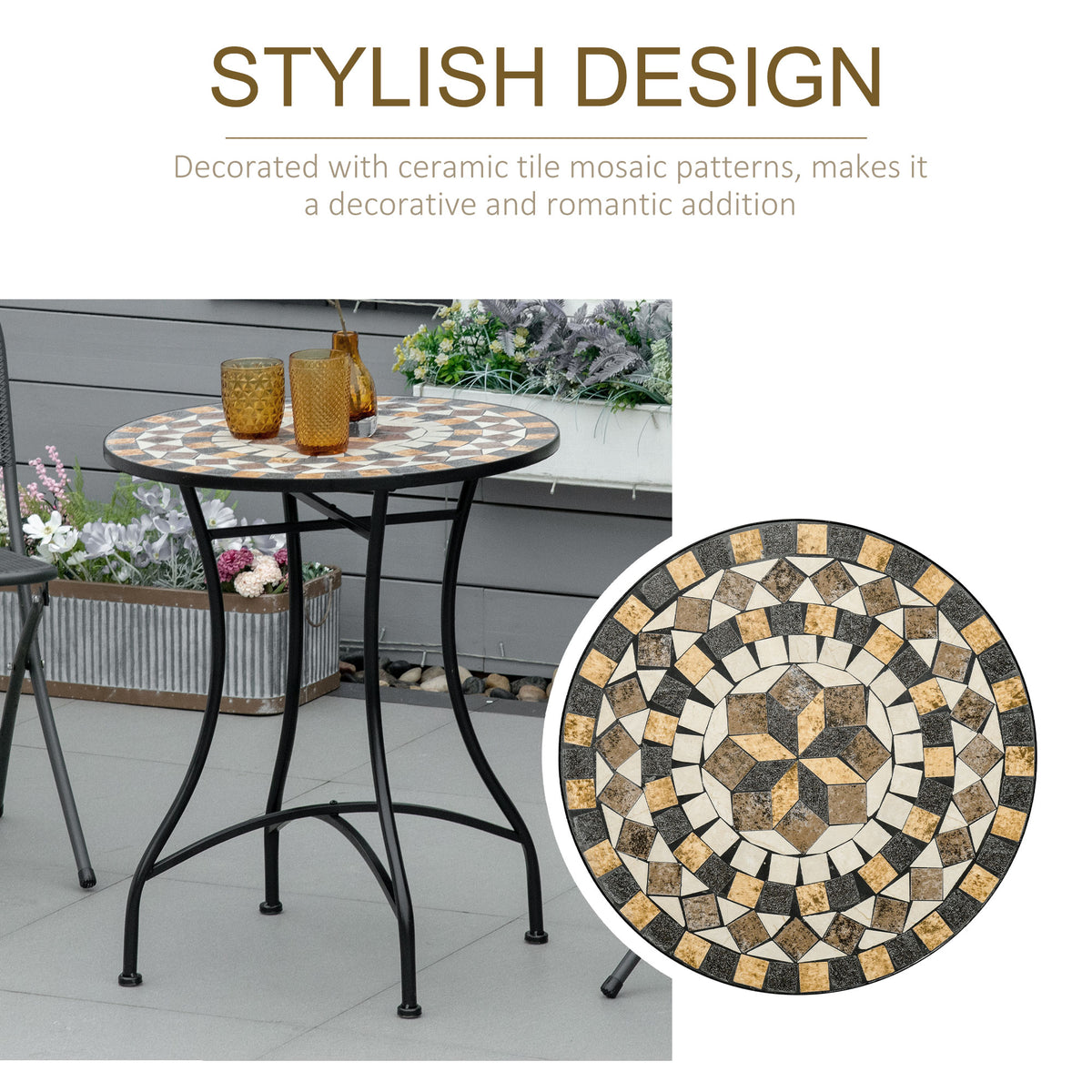 Outsunny patio table with a round geometric mosaic top in cream, gray, and ochre