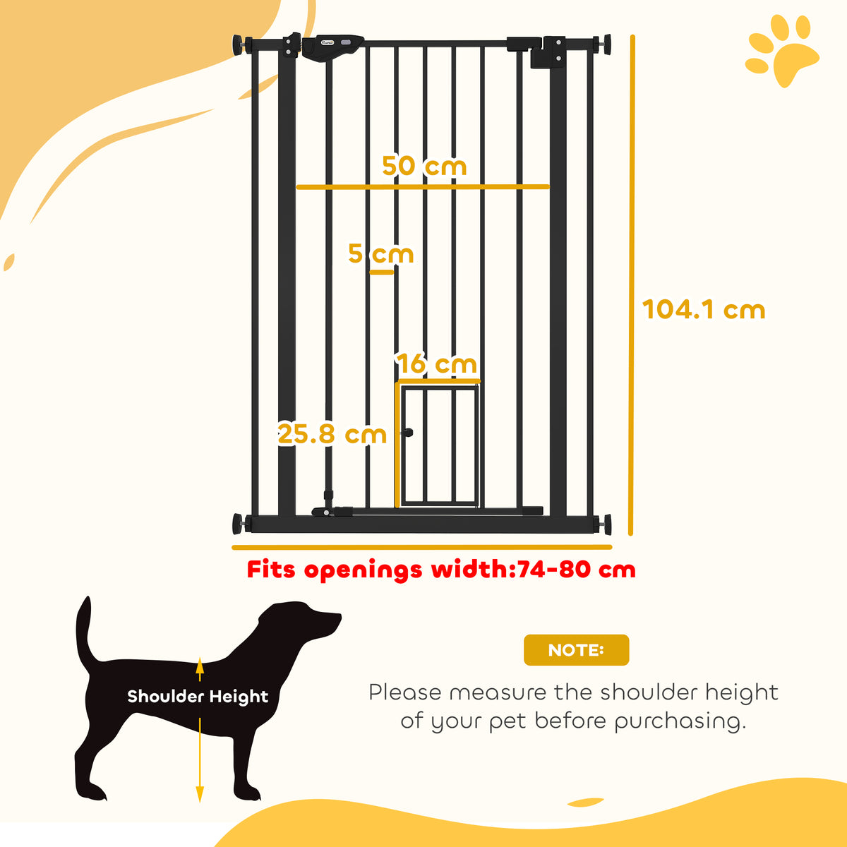 Black metal pet gate with cat flap, showing dimensions and 74–80 cm adjustable width