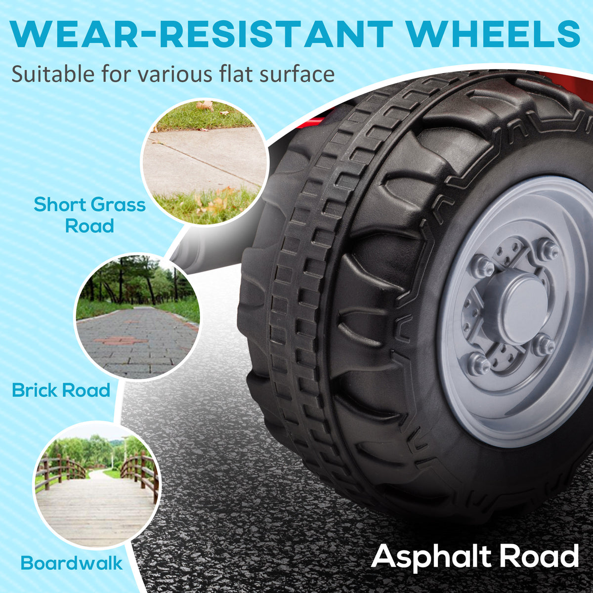 Close-up of a quad bike's rugged black tire and silver wheel