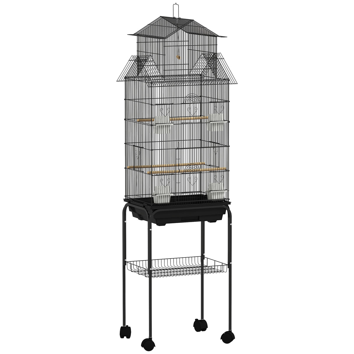 PawHut tall black metal bird cage with peaked roof, stand, wheels, and storage shelf