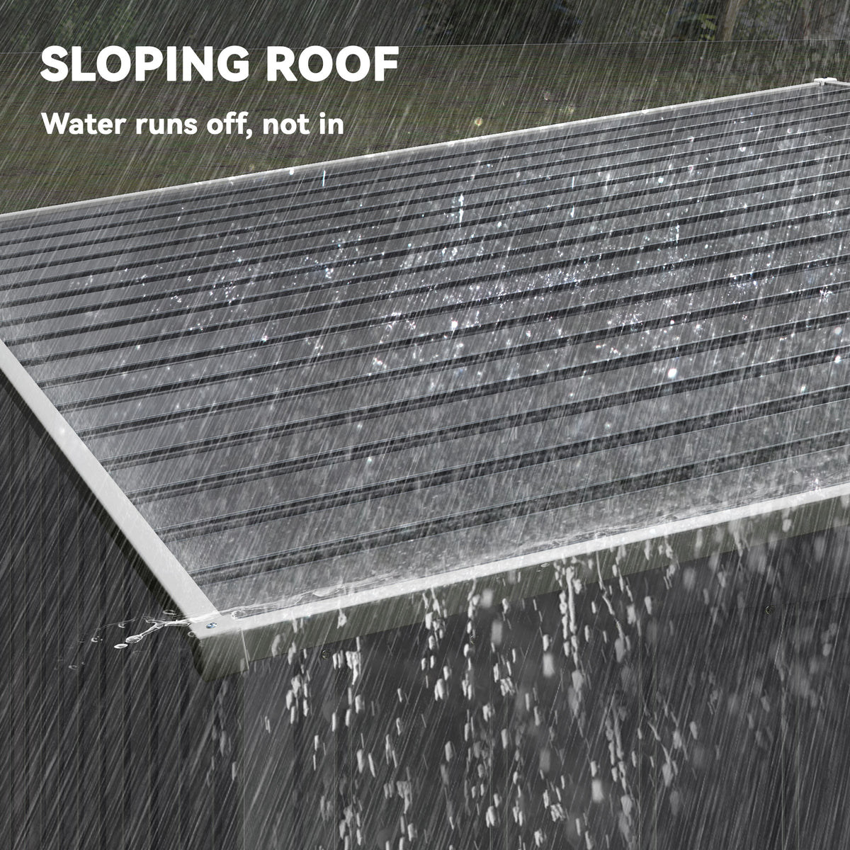 Outsunny shed's sloped ribbed metal roof designed to shed water