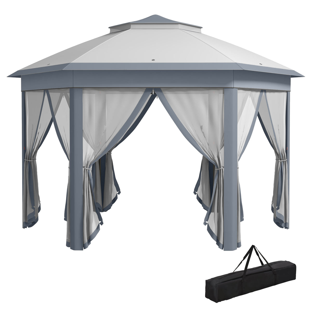 Outsunny hexagonal gazebo with grey metal frame, pale canopy, curtains, and carry bag