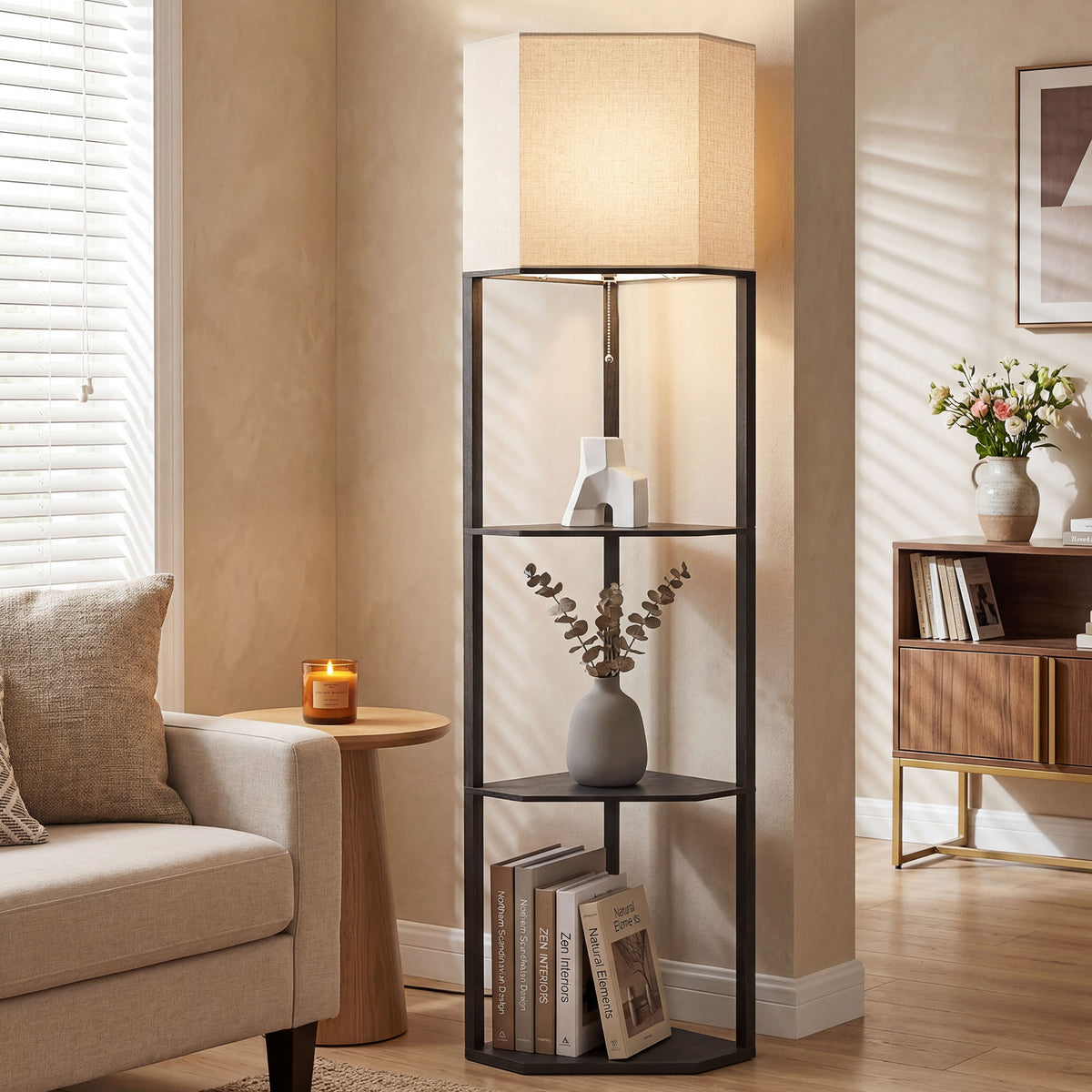 Black corner floor lamp with beige fabric shade and three display shelves