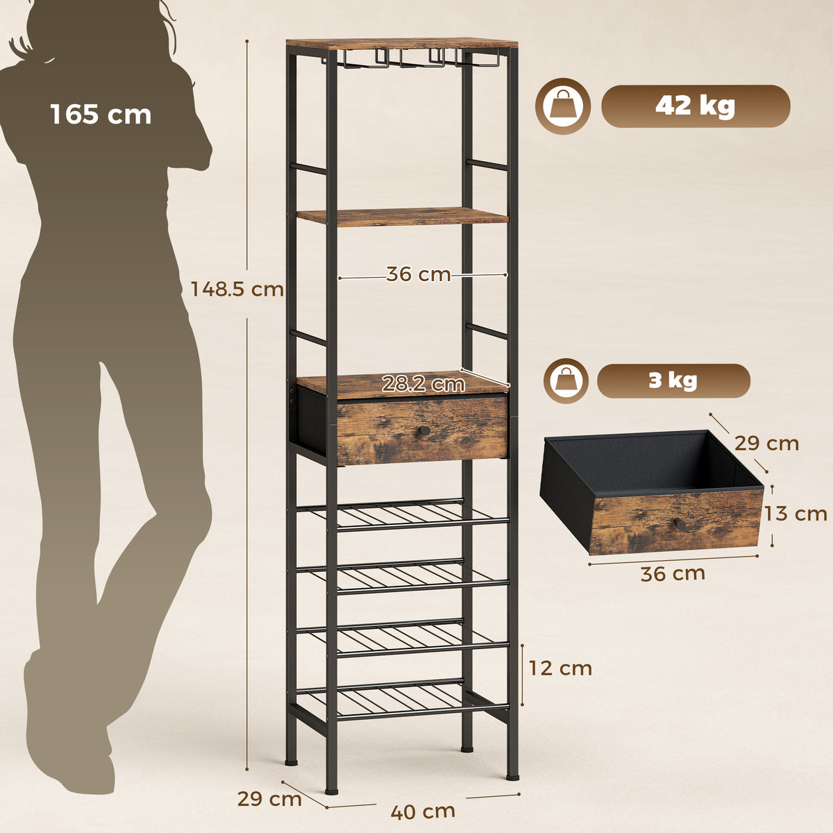 HOMCOM Industrial Wine Bar Cabinet Freestanding Liquor Cabinet 16-Bottle Wine Rack Glass Holder Rustic Brown