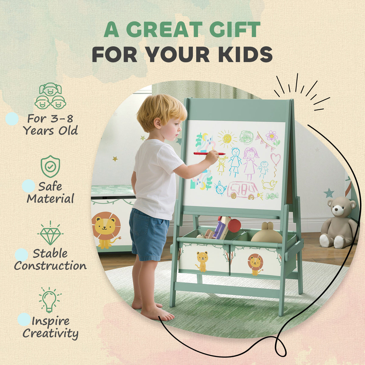AIYAPLAY Art Easel for Kids, Double-Sided Whiteboard/Blackboard with Paper Roll, Two Storage Boxes, for Ages 3-8 Years, Green